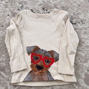 Mini Boden Cream Long Sleeve Shirt with Dog and Red Glasses